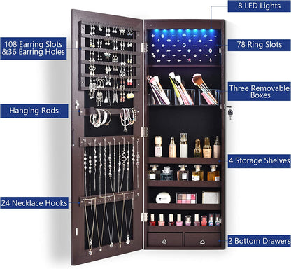 Full-Length HD Silver Glass Makeup Mirror + Jewelry Cabinet Lockable With 8 Auto-On LED Lights Wall Mounted / Over The Door - Brown - Hatke