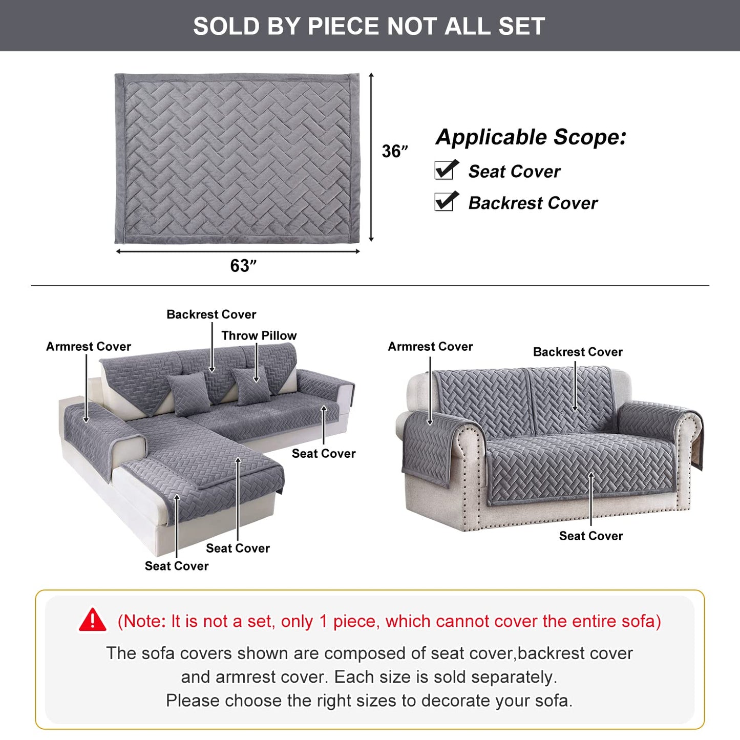 OstepDecor Couch Cover, Sofa Cover, Quilted Sectional Couch Covers, Velvet Sofa Slipcover for Dogs Cats Pet Love Seat Recliner Leather L Shaped, Armrest Backrest Cover, Gray 36 x 63 Inches - Hatke