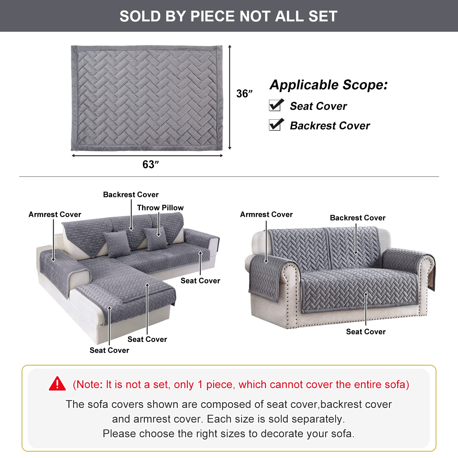OstepDecor Couch Cover, Sofa Cover, Quilted Sectional Couch Covers, Velvet Sofa Slipcover for Dogs Cats Pet Love Seat Recliner Leather L Shaped, Armrest Backrest Cover, Gray 36 x 63 Inches - Hatke
