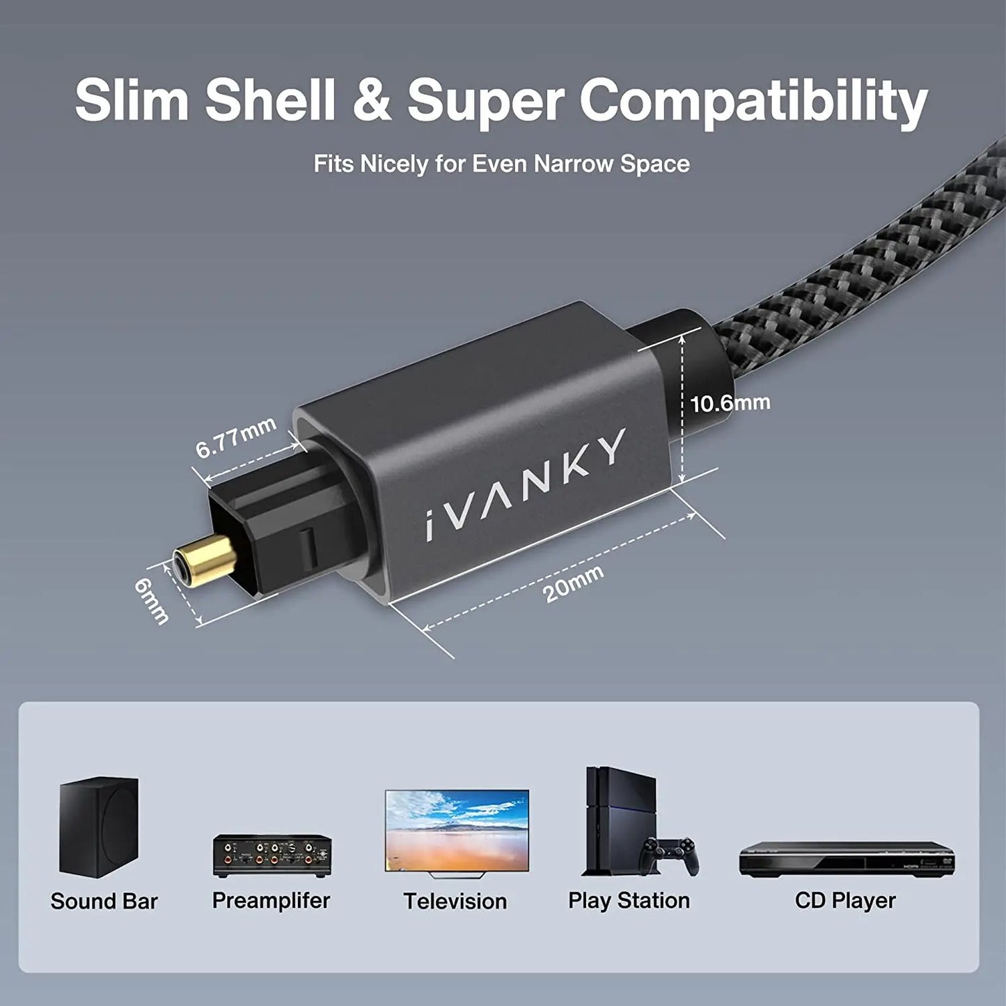Optical Audio Cable - iVanky [Flawless Audio, Aluminum Shell, Nylon Braided] - Slim Optical Cable Digital Audio Cable for Home Theater, Sound Bar, TV, PS4, Xbox, Playstation - 6ft, Grey