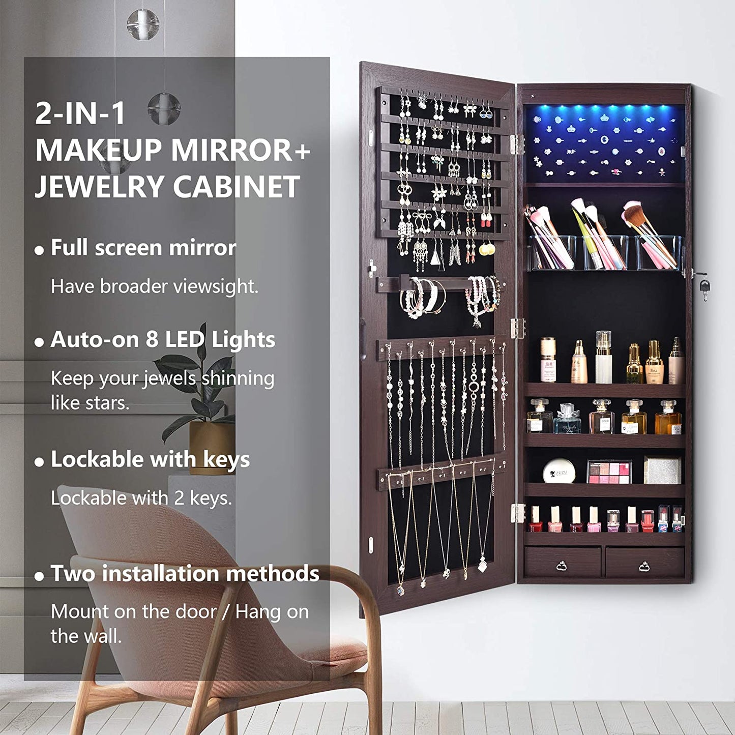 Full-Length HD Silver Glass Makeup Mirror + Jewelry Cabinet Lockable With 8 Auto-On LED Lights Wall Mounted / Over The Door - Brown