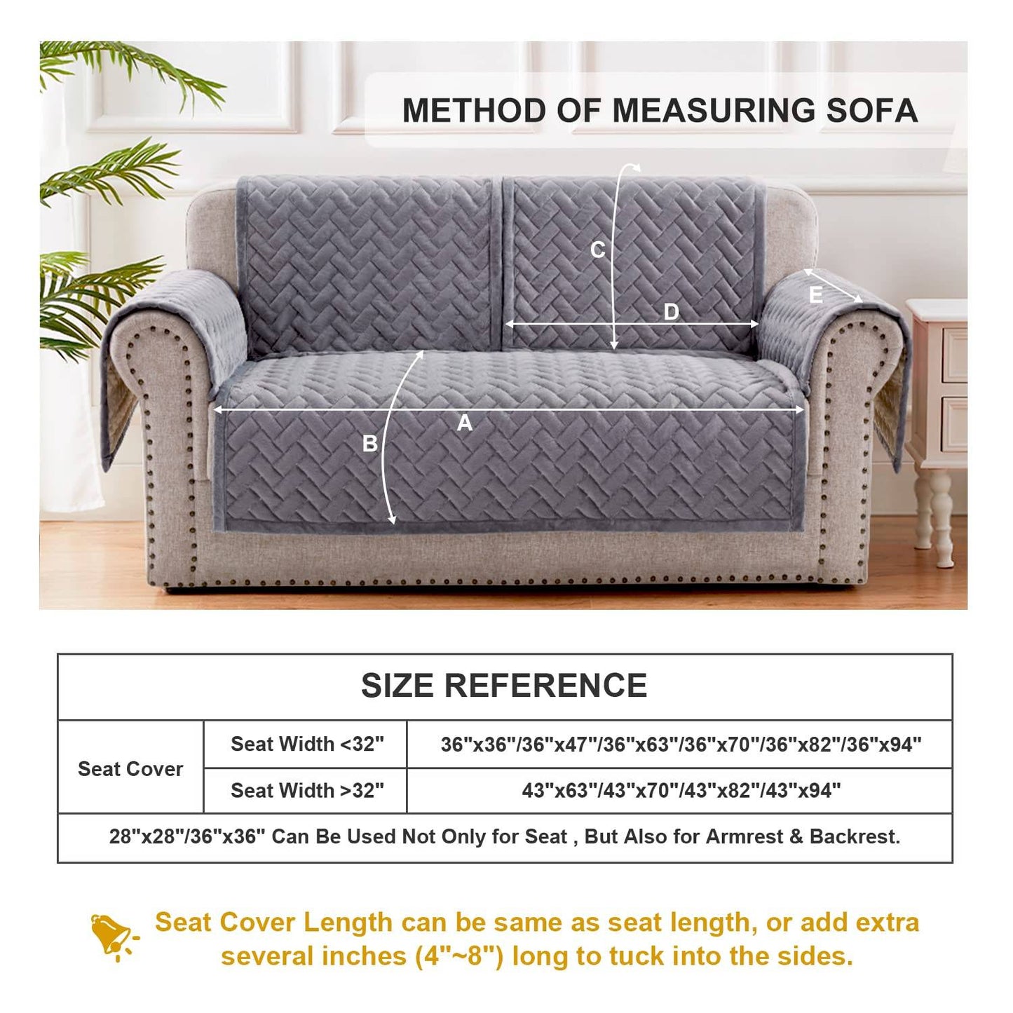 OstepDecor Couch Cover, Sofa Cover, Quilted Sectional Couch Covers, Velvet Sofa Slipcover for Dogs Cats Pet Love Seat Recliner Leather L Shaped, Armrest Backrest Cover, Gray 36 x 63 Inches