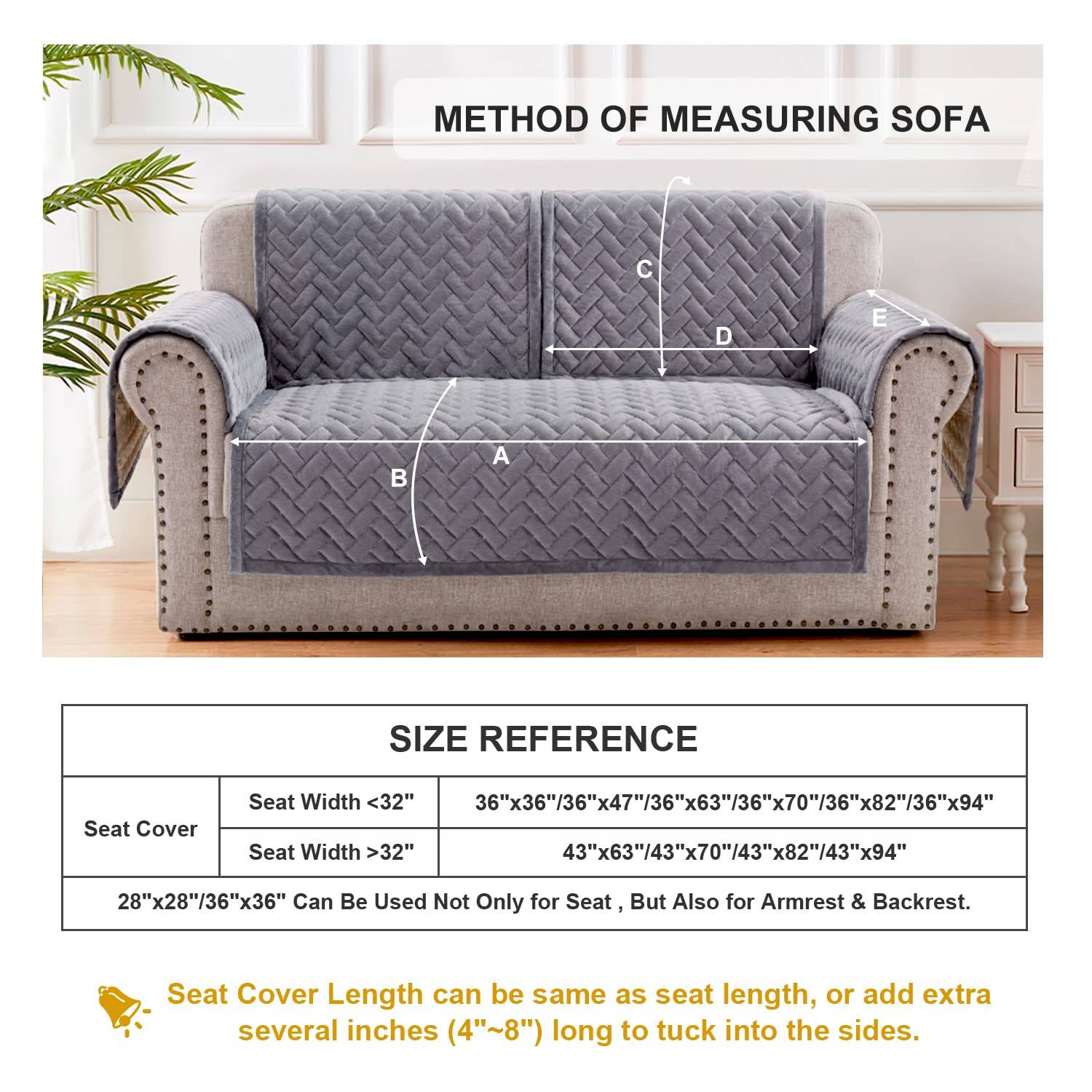 OstepDecor Couch Cover, Sofa Cover, Quilted Sectional Couch Covers, Velvet Sofa Slipcover for Dogs Cats Pet Love Seat Recliner Leather L Shaped, Armrest Backrest Cover, Gray 36 x 63 Inches - Hatke