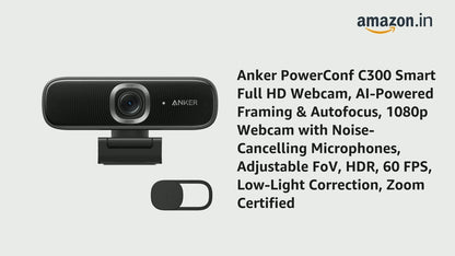 Anker PowerConf C300 Smart Full HD Webcam, AI-Powered Framing & Autofocus, 1080p Webcam with Noise-Cancelling Microphones, Adjustable FoV, HDR, 60 FPS, Low-Light Correction, Zoom Certified