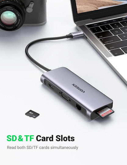 UGreen USB C Hub, 10-in-1 USB-C Docking Station, 4K HDMI& VGA Dual Monitor, 1Gbps Ethernet, 100W PD, 3 USB 3.0 Ports, 3.5mm Audio Jack, SD/TF Card Reader Multiport Adapter for MacBook and Type C Windows Laptops (Open Box) - Hatke
