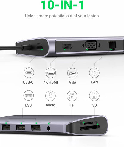 UGreen USB C Hub, 10-in-1 USB-C Docking Station, 4K HDMI& VGA Dual Monitor, 1Gbps Ethernet, 100W PD, 3 USB 3.0 Ports, 3.5mm Audio Jack, SD/TF Card Reader Multiport Adapter for MacBook and Type C Windows Laptops (Open Box) - Hatke