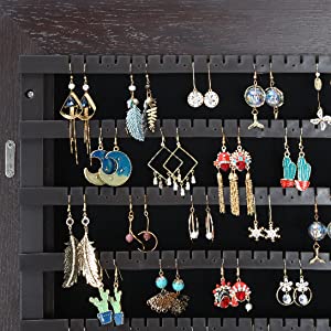 Full-Length HD Silver Glass Makeup Mirror + Jewelry Cabinet Lockable With 8 Auto-On LED Lights Wall Mounted / Over The Door - Brown - Hatke