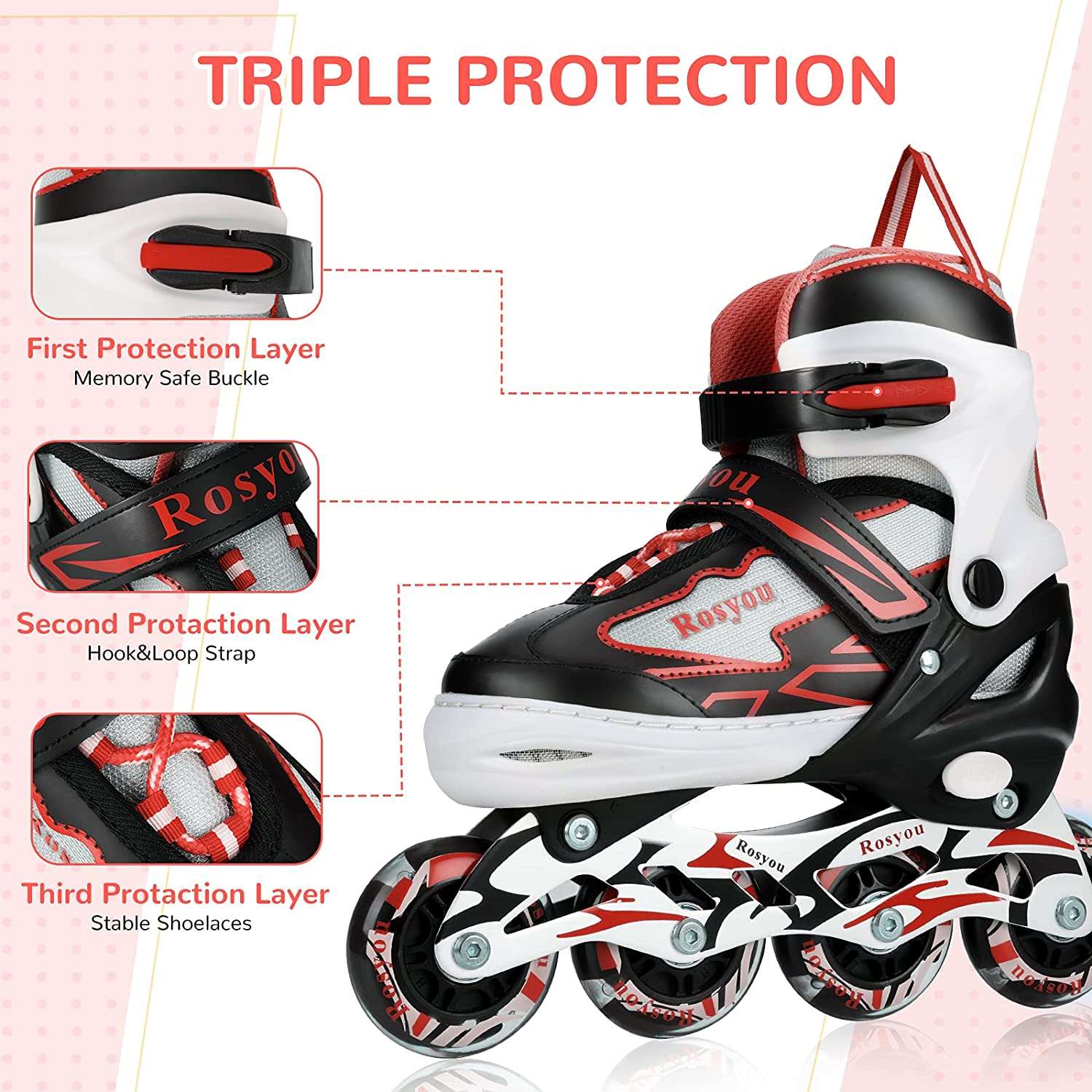 Adjustable Inline Skates Kids Rollerblades Roller Skates Size (M) for Ages (6-11) with Full Light Up Wheels With Fall Protection Pads by Rosyou - Hatke