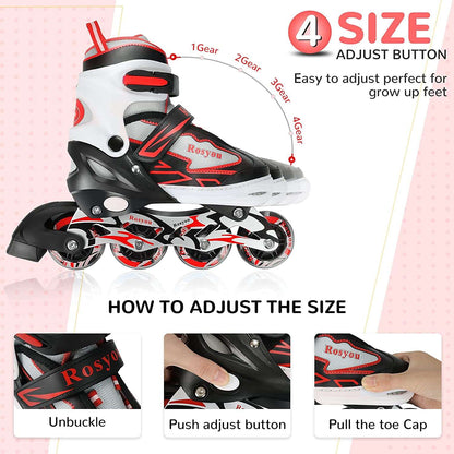 Adjustable Inline Skates Kids Rollerblades Roller Skates Size (M) for Ages (6-11) with Full Light Up Wheels With Fall Protection Pads by Rosyou - Hatke