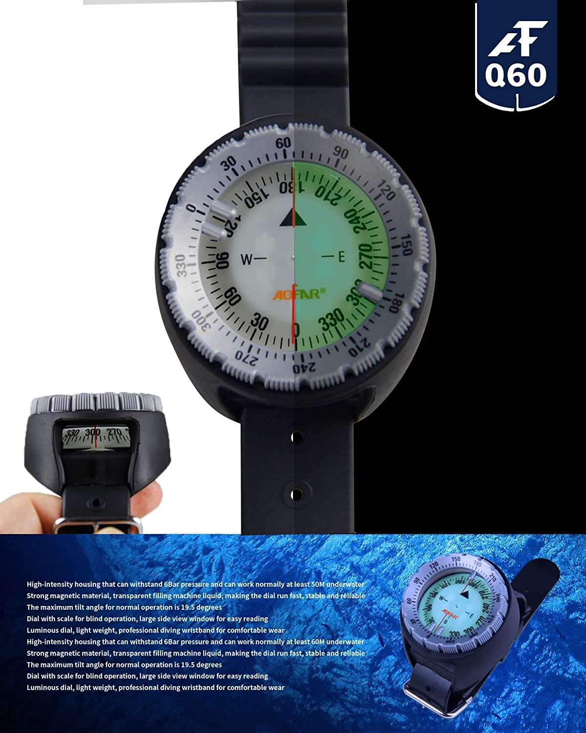 AOFAR Dive Compass AF-Q60 Waterproof, Durable, Compact. Wrist Strap Type Compass for Sailing, Diving, 11.8in Strap - Hatke