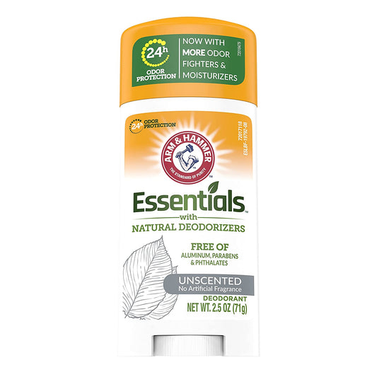 Arm & Hammer Essentials Natural Deodorant, Unscented With More Odor Fighters & Moisturizers - Aluminum, Parabens & Phthalates Free 2.5 Oz (71g) - Hatke