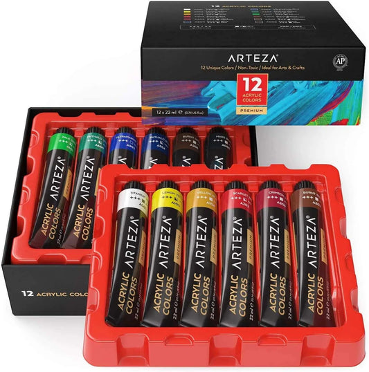 Arteza Metallic Acrylic Paint, Set of 12 Colors/Tubes (0.74 oz., 22 ml) with Storage Box, Rich Pigments, Non Fading, Non Toxic Paints for Artist & Hobby Painters, Ideal for Canvas Painting - Hatke