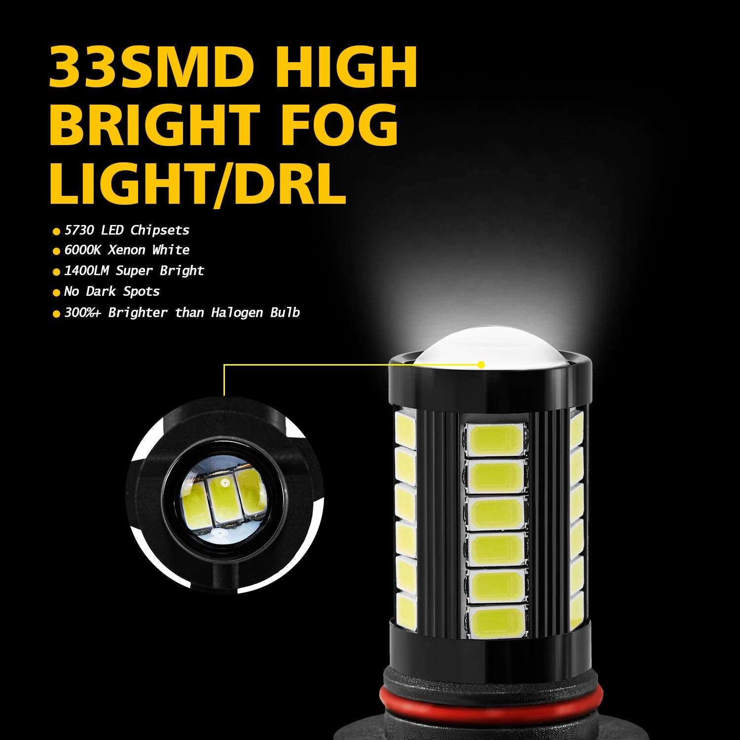 AUXLIGHT 9006 HB4 9006LL 9006XS LED Fog Light Bulbs 6000K Xenon White, Super Bright 2800 Lumens 33-SMD Chips LED Daytime Running Lights DRL Bulbs Replacement for Cars, Trucks (Pack of 2) - Hatke