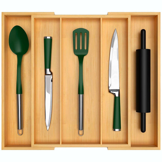 Bamboo Kitchen Drawer Organizer and Utensil Holder - Expandable Cutlery Tray for Kitchen Utensils, Flatware and Silverware by Royal Craft Wood - Hatke