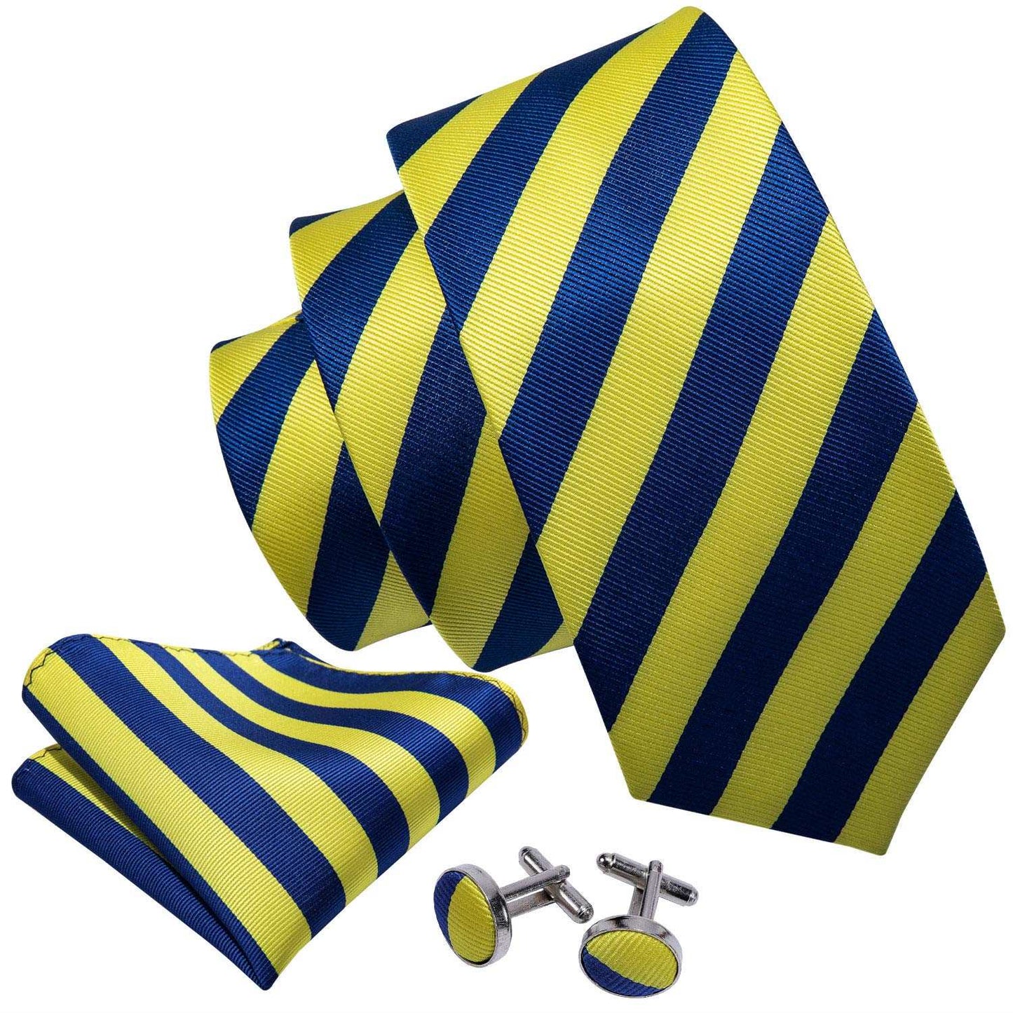 Barry.Wang Designer Men's Yellow and Blue Strip Tie Set - Fashion Woven Neck Tie Hanky Cufflinks Set For Wedding Party Business - Hatke