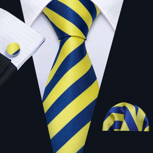 Barry.Wang Designer Men's Yellow and Blue Strip Tie Set - Fashion Woven Neck Tie Hanky Cufflinks Set For Wedding Party Business - Hatke
