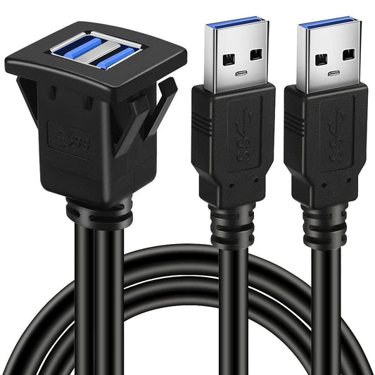 BATIGE Chinglung Dual Ports Square USB 3.0 Panel Flush Mount Extension Cable with Buckle for Car Truck Boat Motorcycle Dashboard 3ft - Hatke