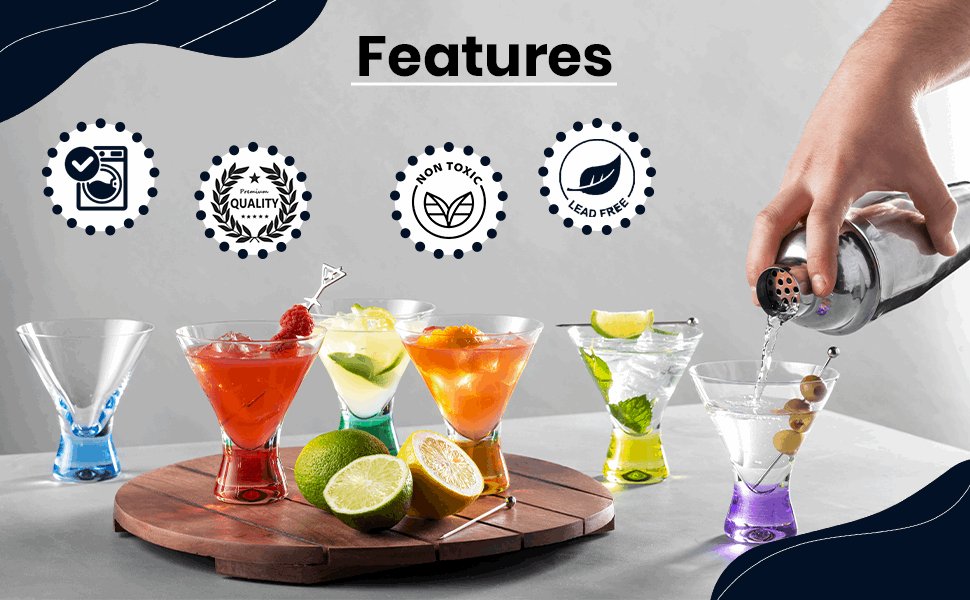 BENETI Premium European Made Cocktail Glasses 8-Ounces Martini Glasses with Attractive Colorful Base [6 PACK] Elegant Colored Glasses for Cocktails, Martini Party Glasses, Cosmopolitan Glasses for Manhattan, Brandy - Hatke