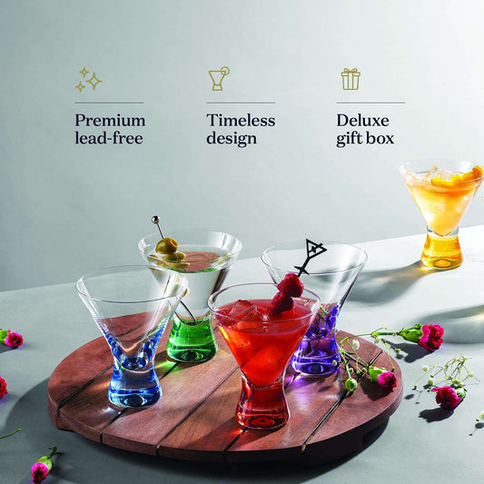 BENETI Premium European Made Cocktail Glasses 8-Ounces Martini Glasses with Attractive Colorful Base [6 PACK] Elegant Colored Glasses for Cocktails, Martini Party Glasses, Cosmopolitan Glasses for Manhattan, Brandy - Hatke