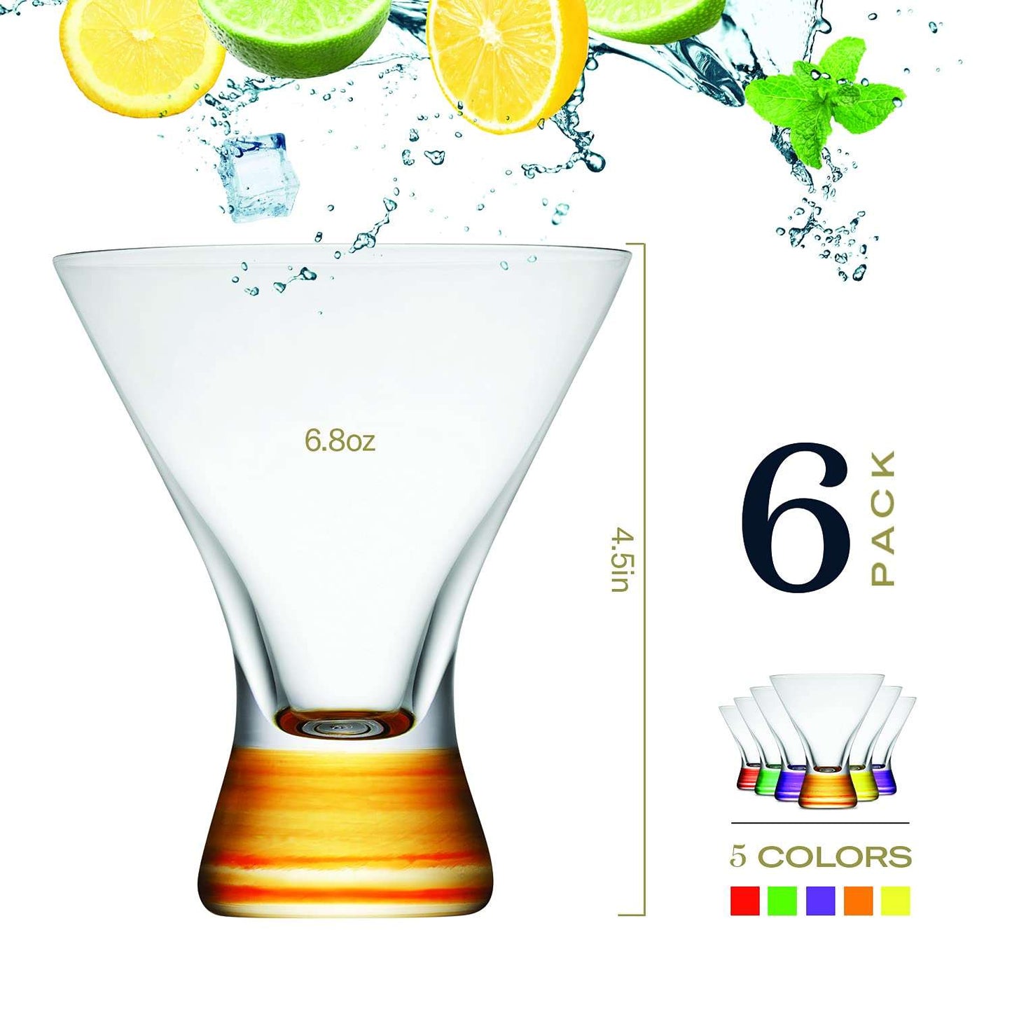BENETI Premium European Made Cocktail Glasses 8-Ounces Martini Glasses with Attractive Colorful Base [6 PACK] Elegant Colored Glasses for Cocktails, Martini Party Glasses, Cosmopolitan Glasses for Manhattan, Brandy - Hatke