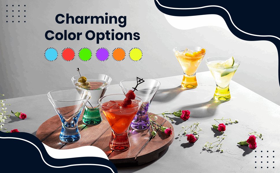 BENETI Premium European Made Cocktail Glasses 8-Ounces Martini Glasses with Attractive Colorful Base [6 PACK] Elegant Colored Glasses for Cocktails, Martini Party Glasses, Cosmopolitan Glasses for Manhattan, Brandy - Hatke