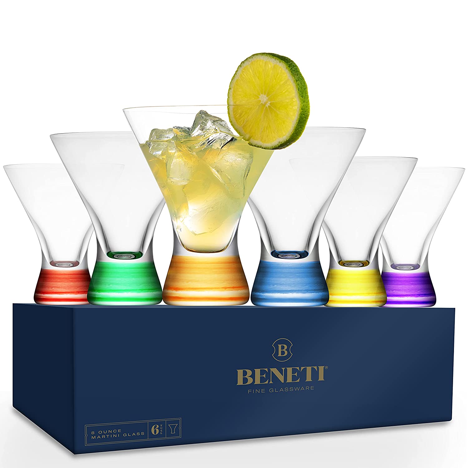 BENETI Premium European Made Cocktail Glasses 8-Ounces Martini Glasses with Attractive Colorful Base [6 PACK] Elegant Colored Glasses for Cocktails, Martini Party Glasses, Cosmopolitan Glasses for Manhattan, Brandy - Hatke