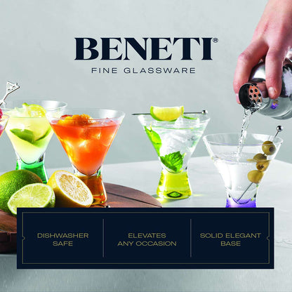 BENETI Premium European Made Cocktail Glasses 8-Ounces Martini Glasses with Attractive Colorful Base [6 PACK] Elegant Colored Glasses for Cocktails, Martini Party Glasses, Cosmopolitan Glasses for Manhattan, Brandy - Hatke