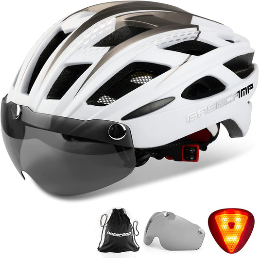 Bike Helmet, Basecamp Bicycle Helmet with Rear Light & Detachable Magnetic Goggles & Portable Backpack Lightweight Cycling Helmet Adjustable for Adult Men Women Mountain & Road (BC-069) - Hatke