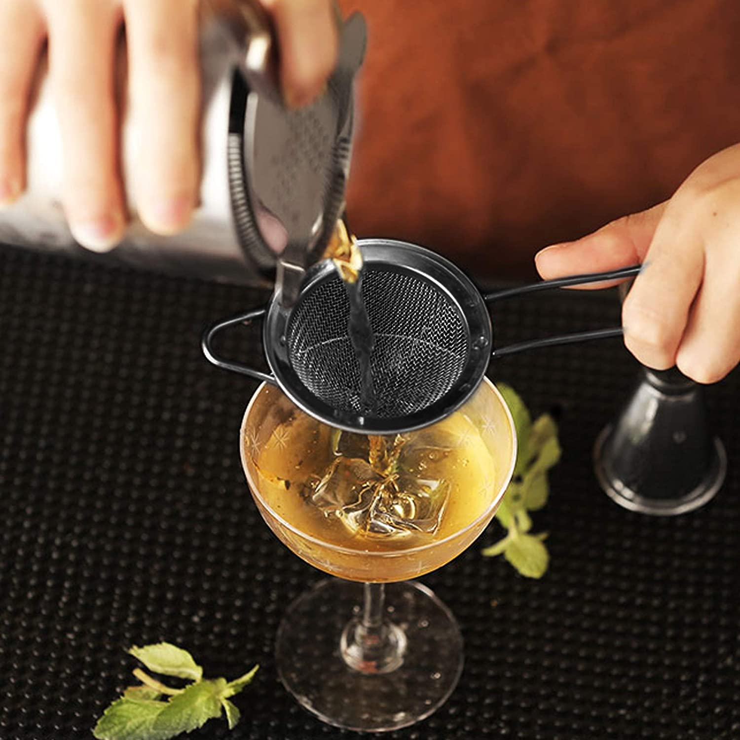 Black Cocktail Strainer Fine Mesh Strainer Stainless Steel Small Strainer Conical Food Strainers 3.3 inch Coffee Strainer with Long Handle Double Straining Utensil by Homestia - Hatke