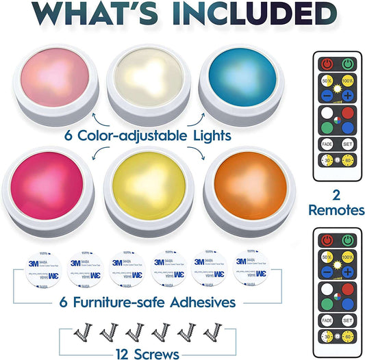 Brilliant Evolution Wireless Color Changing 6 Pack RGB LED Lights with 2 Remotes | LED Under Cabinet Lighting | Closet Light | Battery Powered Lights | LED Lights for Bedroom | Stick On Lights - Hatke