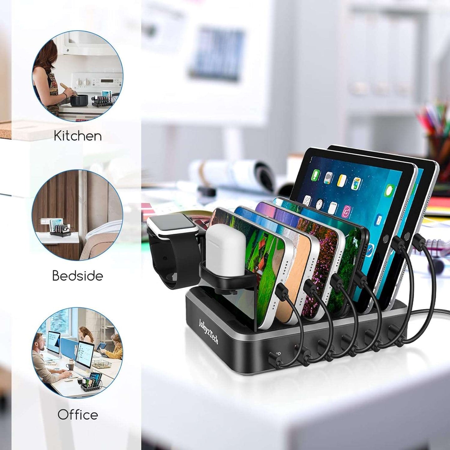 Charging Station for Multiple Devices for Multiple Devices, 60W 6-Port Charging Dock with PD 20W USB-C & Quick Charge 3.0, 6 Short Charging Cables Included,Smartwatch Holder, Compatible with iPhone iPad Cell Phone Tablets - Hatke