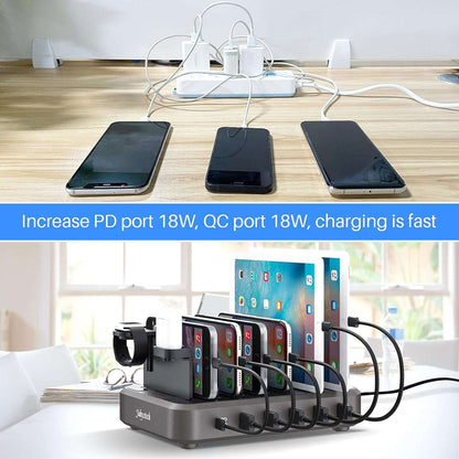 Charging Station for Multiple Devices for Multiple Devices, 60W 6-Port Charging Dock with PD 20W USB-C & Quick Charge 3.0, 6 Short Charging Cables Included,Smartwatch Holder, Compatible with iPhone iPad Cell Phone Tablets - Hatke