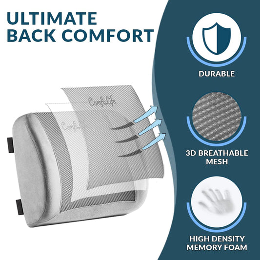 ComfiLife Lumbar Support Memory Foam Back Pillow with Adjustable Strap and Breathable 3D Mesh Office Chair and Car Seat Cushion - Hatke