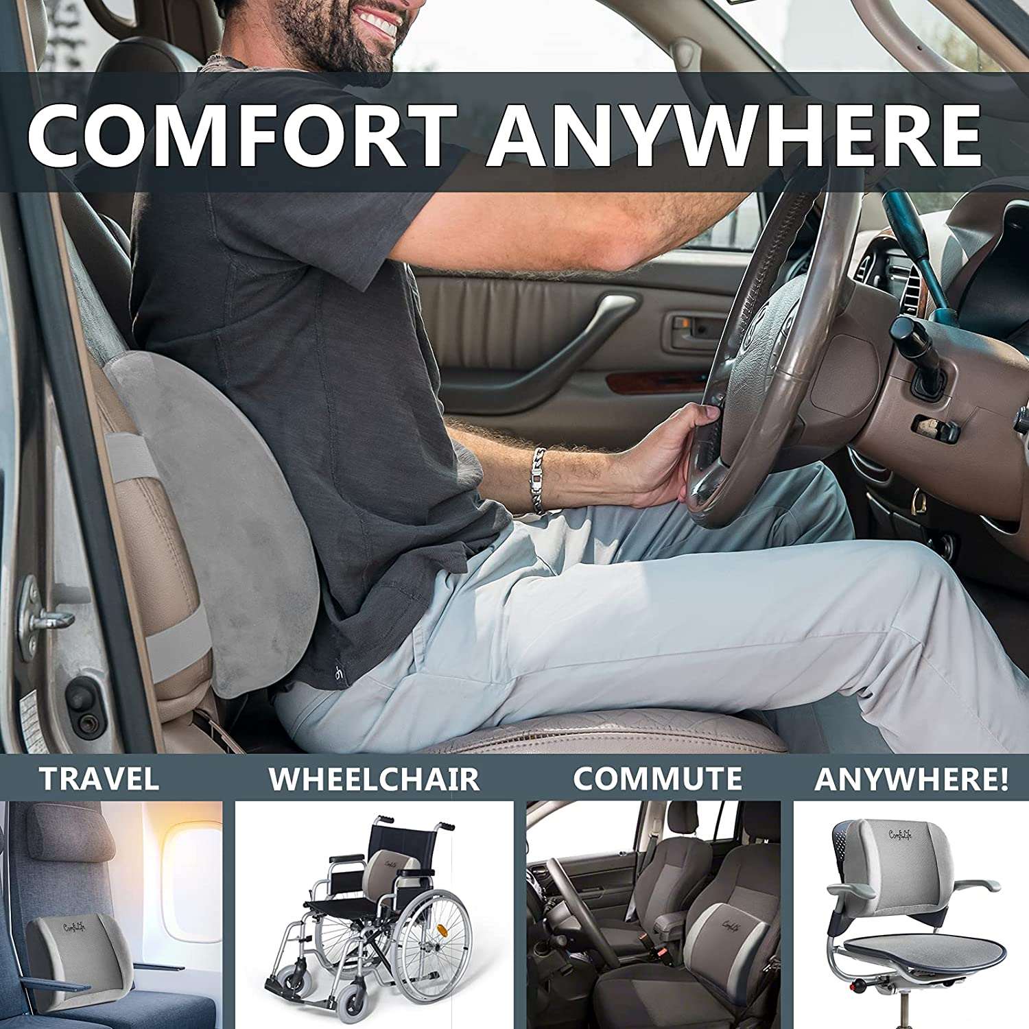 ComfiLife Lumbar Support Memory Foam Back Pillow with Adjustable Strap and Breathable 3D Mesh Office Chair and Car Seat Cushion - Hatke