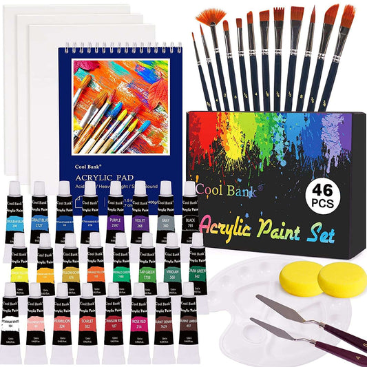 COOL BANK Acrylic Paint Set, 46 Piece Professional Painting Supplies Set, Includes 24 Acrylic Paints, 12 Painting Brushes, Canvas, Palette, Acrylic Painting Pad, for Artists,Students and Kids - Hatke