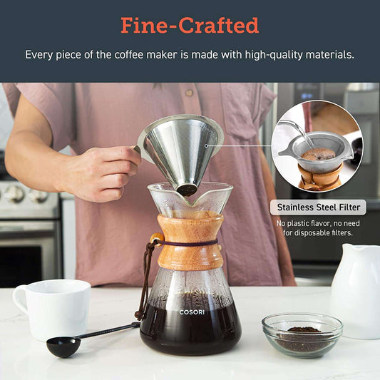 COSORI Pour Over Coffee Maker, 8 Cup Glass Coffee Pot&Coffee Brewer with Stainless Steel Filter, High Heat Resistance Decanter, Measuring Scoop Included, 34 Ounce - Hatke