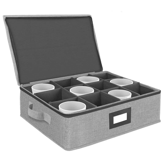 Cup/Mug Storage Chest Box with Lid and Handles, Holds 12 Coffee Mugs and Tea Cups, Hard Shell and Stackable (Grey) - Hatke