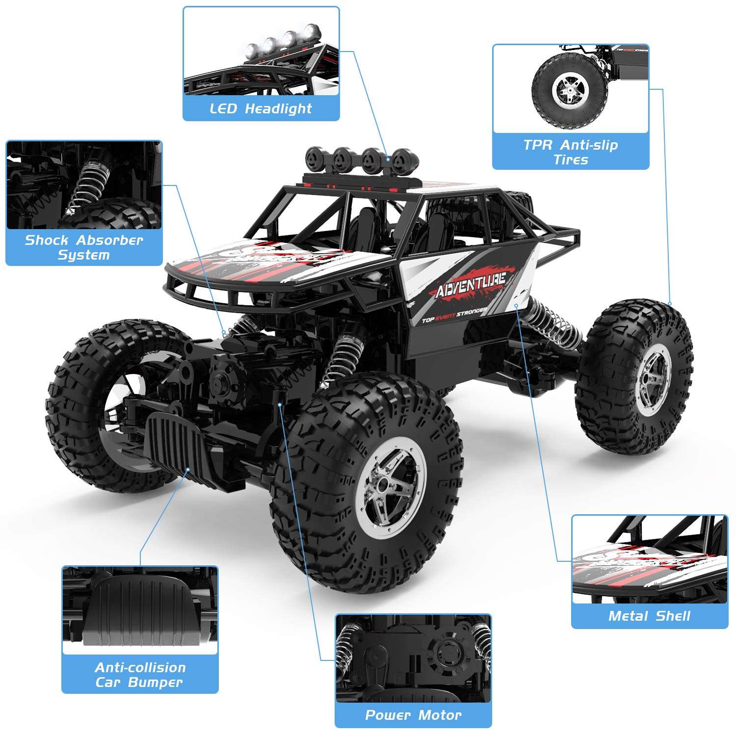 DEERC DE45 RC Cars Remote Control Car Off Road Monster Truck,1:16 Metal Shell 4WD Dual Motors LED Headlight Rock Crawler,2.4Ghz All Terrain Hobby Truck with 2 Batteries for 90 Min Play,Boy Adult Gifts - Hatke