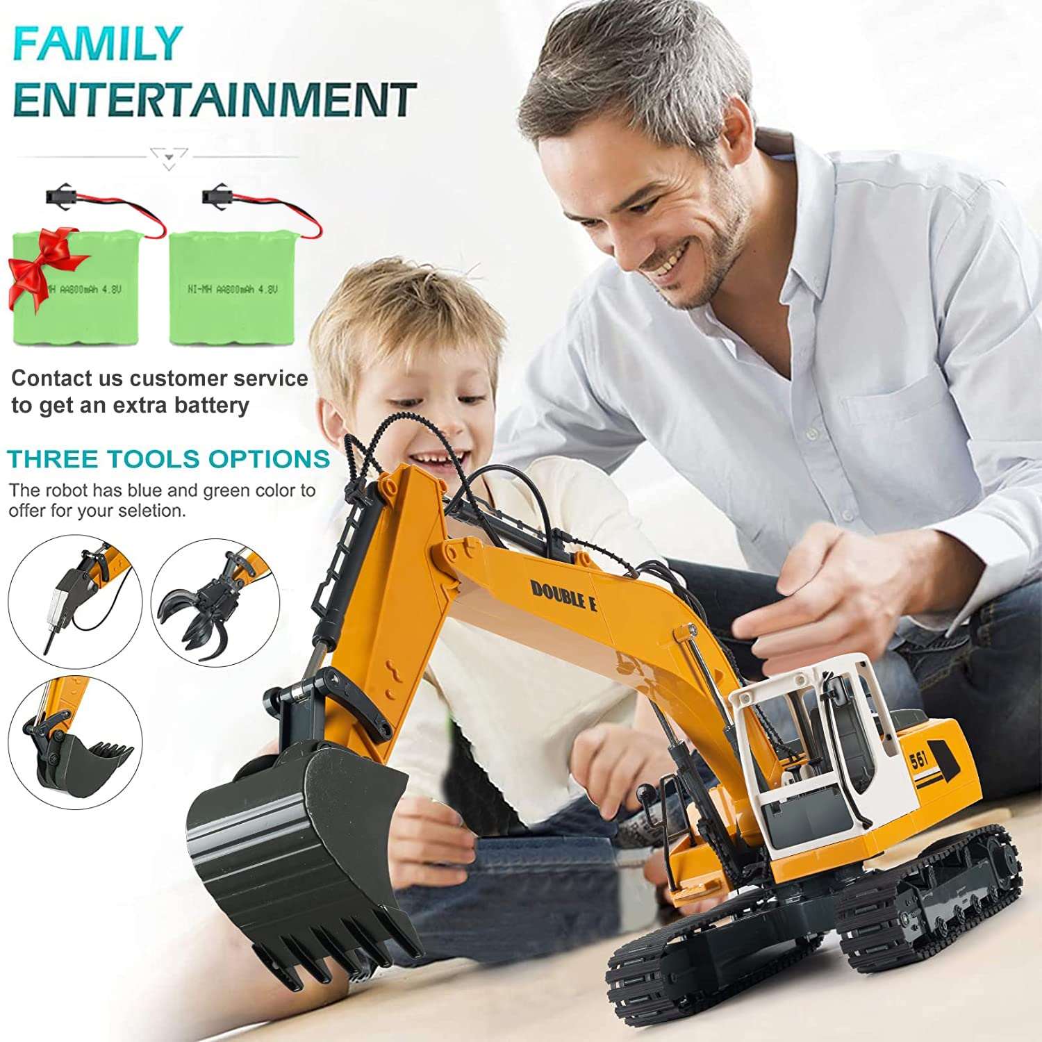 Double E 17 Channel Full Functional RC Excavator Metal Shovel Remote Control Construction Tractor with 2 Bonus Drill and Grasp - Hatke