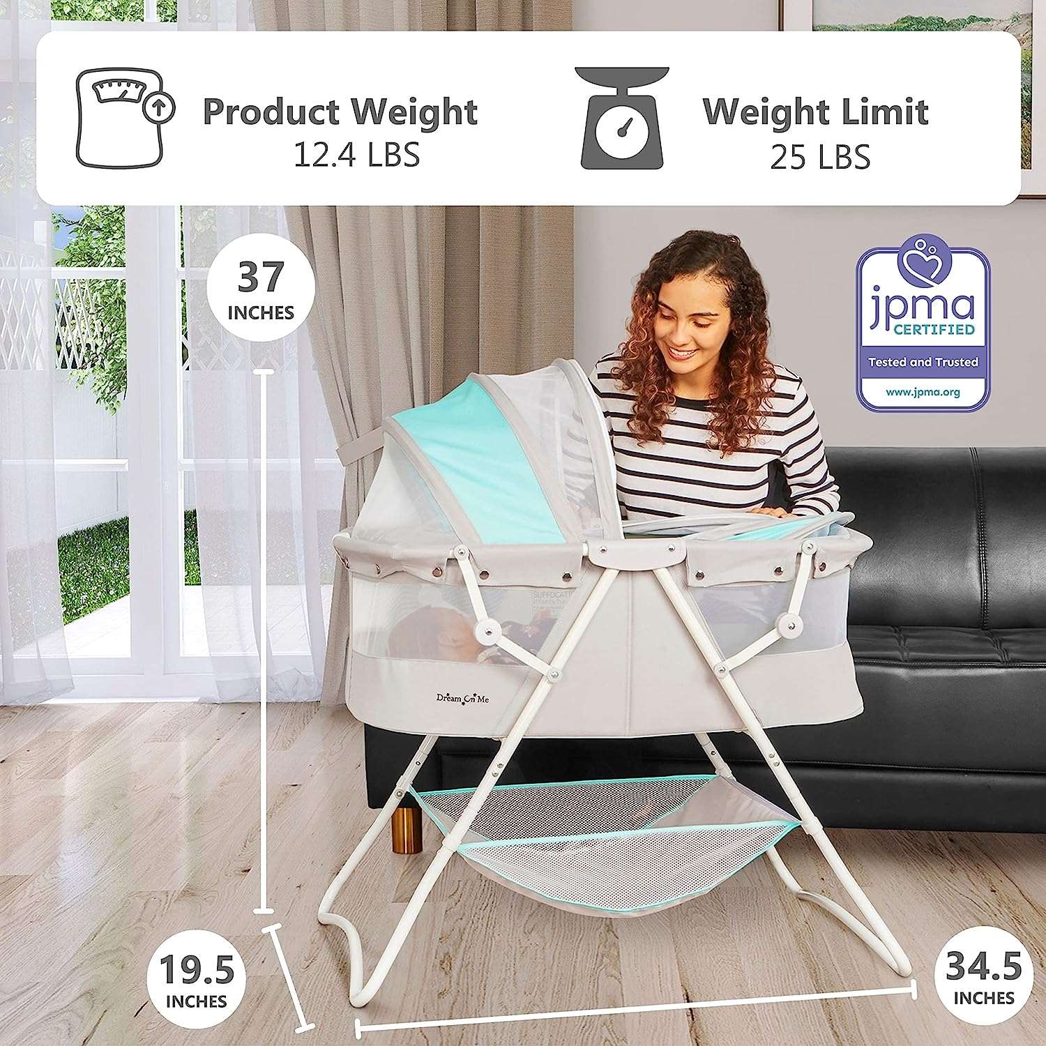 Dream On Me Karley Bassinet in Blue Grey Lightweight Portable Baby Bassinet Quick Fold and Easy to Carry Adjustable Double Canopy Indoor and