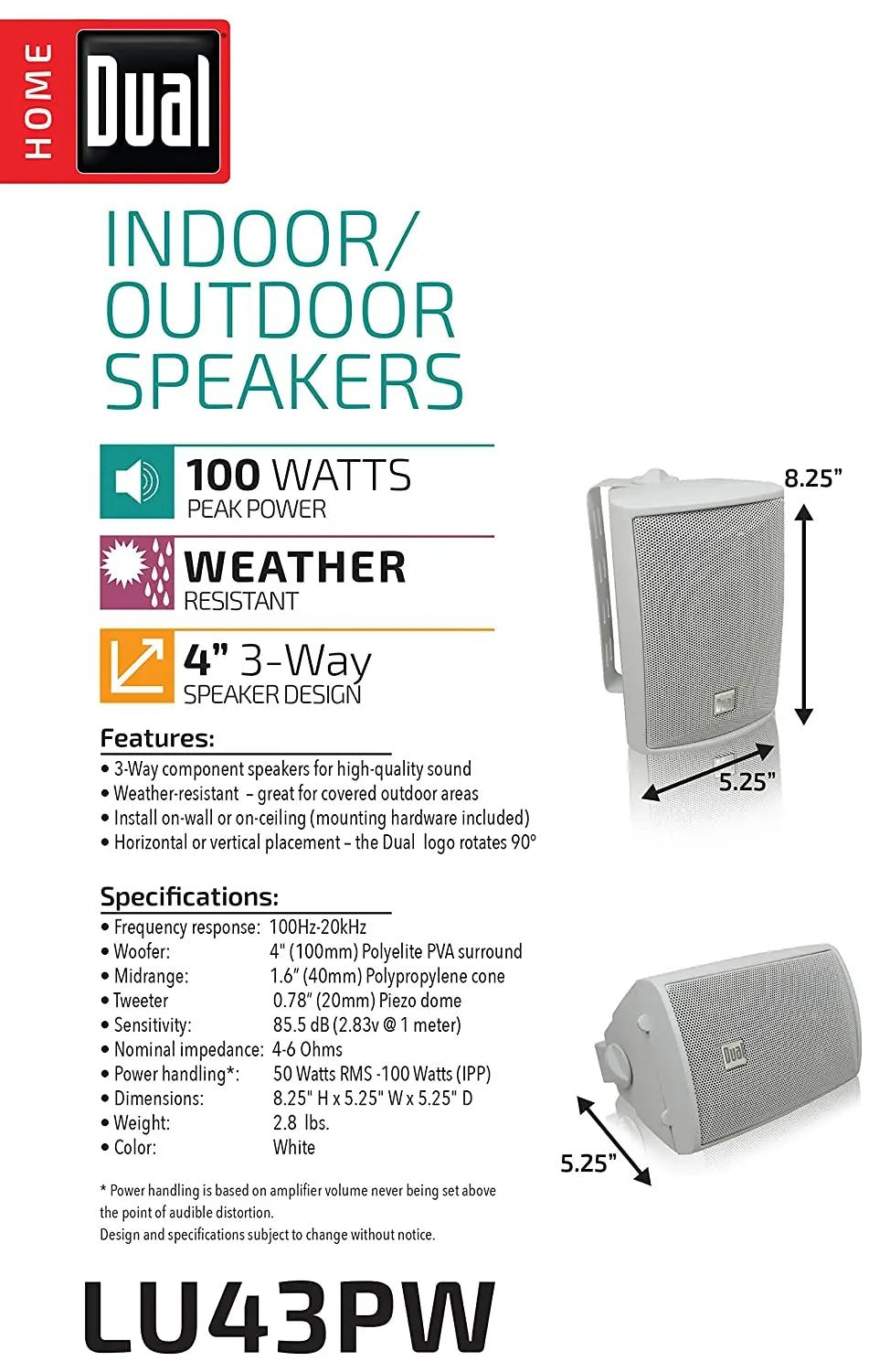 Dual Electronics LU43PW 4" 3-Way High Performance Indoor, Outdoor & Bookshelf Studio Monitor Speakers with Swivel Brackets & 100 Watts Peak Power (Sold in Pairs) - Hatke