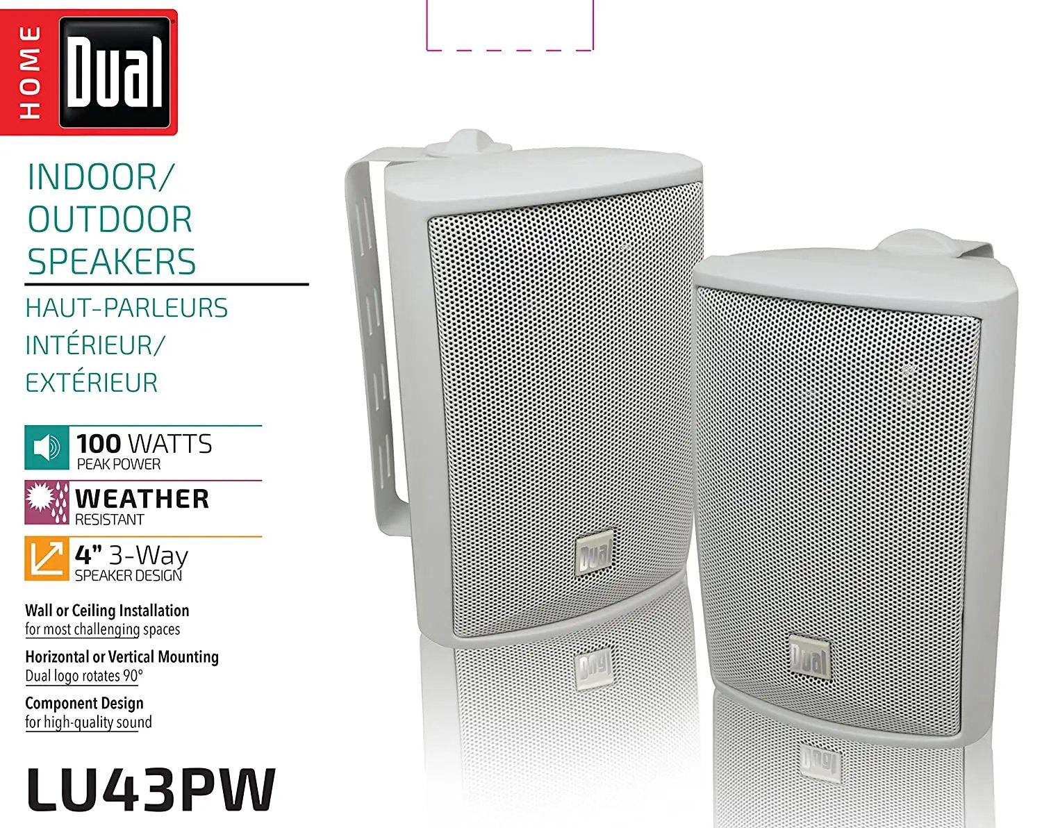 Dual Electronics LU43PW 4" 3-Way High Performance Indoor, Outdoor & Bookshelf Studio Monitor Speakers with Swivel Brackets & 100 Watts Peak Power (Sold in Pairs) - Hatke