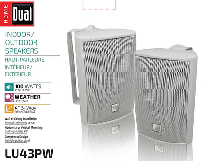 Dual Electronics LU43PW 4" 3-Way High Performance Indoor, Outdoor & Bookshelf Studio Monitor Speakers with Swivel Brackets & 100 Watts Peak Power (Sold in Pairs) - Hatke
