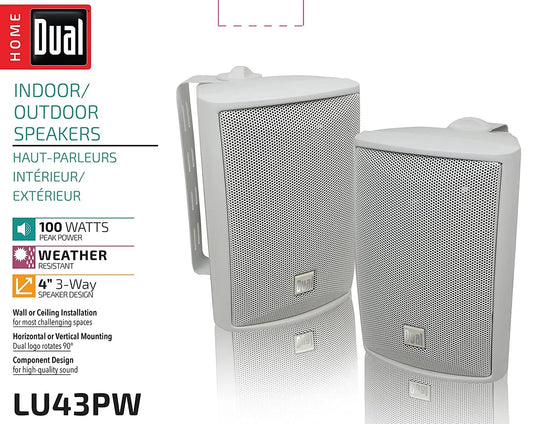Dual Electronics LU43PW 4" 3-Way High Performance Indoor, Outdoor & Bookshelf Studio Monitor Speakers with Swivel Brackets & 100 Watts Peak Power (Sold in Pairs) - Hatke