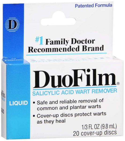 DuoFilm Wart Remover Liquid 0.33 FL OZ (9.8mL) | Safe and Reliable Removal of Common and Plantar Warts with Cover-Up Discs to Protect Warts as They Heal - Hatke