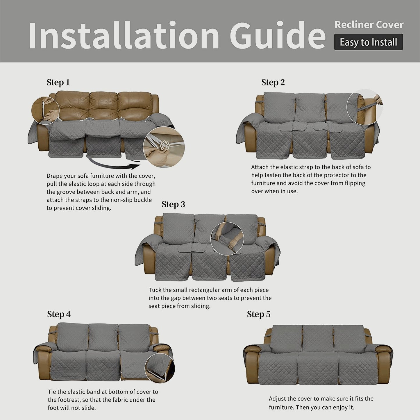 Easy-Going Anti Slip Split Sofa Cover for 3 Seat Recliner Each - Light Gray - Hatke