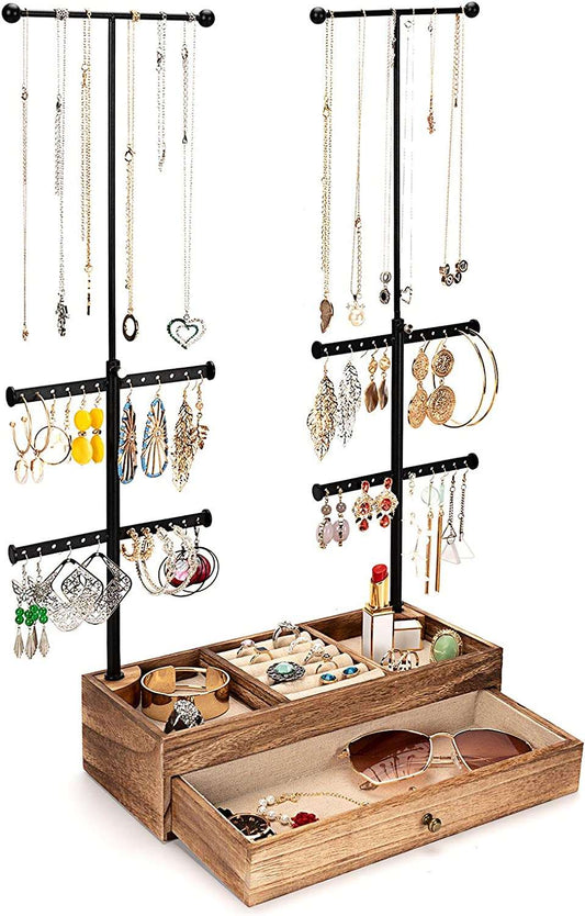 Emfogo Jewelry Organizer Stand Wood Basic Jewelry Drawer Storage Box with Double Rods & 6 Tier Jewelry Tree Stand Holder for Necklaces Bracelet Earring Ring Display(Carbonized Black) - Hatke
