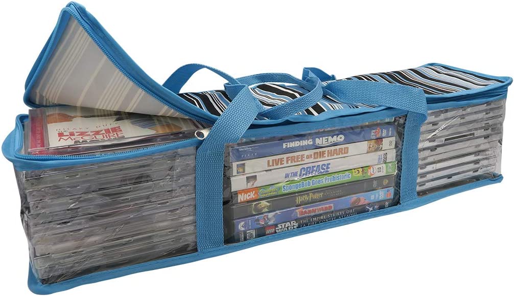 Evelots CD/DVD Storage Bag-2 in 1-Hold 24 CDs/8 DVDs Each Bag-Blue Stripe-Set of 2 - Hatke