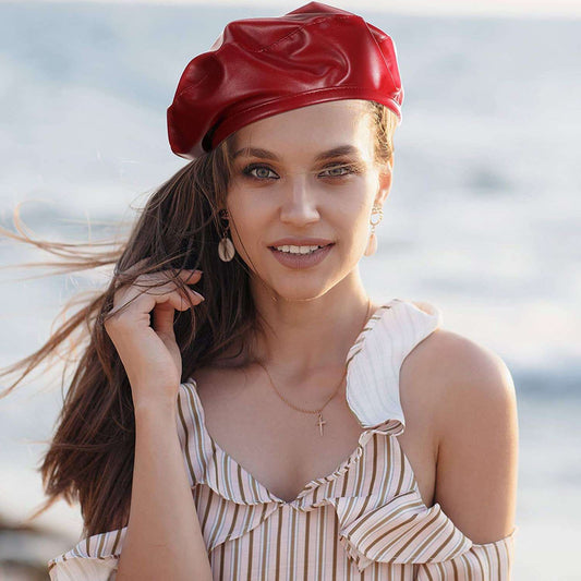Faux Leather French Beret Causal Beanie Hat for Women - 2 Pieces - Black & Red Color - Hatke
