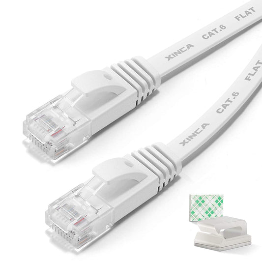 Flat Cat 6 Ethernet Network Cable 25 Feet White Thin with Sticky Cable Clips & Rj45 Connectors - Hatke